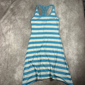 Blue White Striped Tank Dress Large Crochet Lace Back Sharkbite Hem Boho Coastal